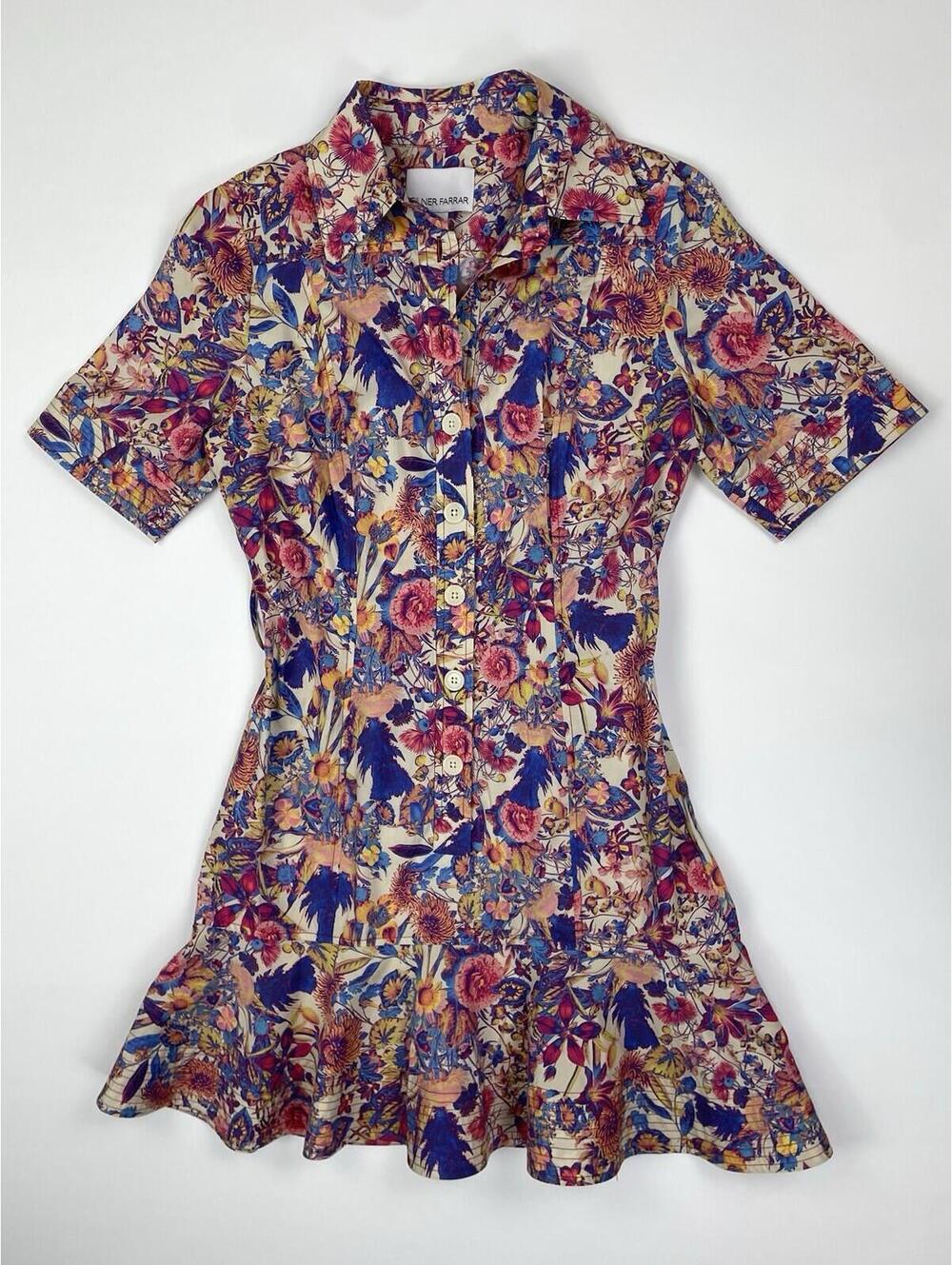 Gilner Farrar Payden Button Front Ruffle Mini Dress Floral Size 2 *Missing Belt*
